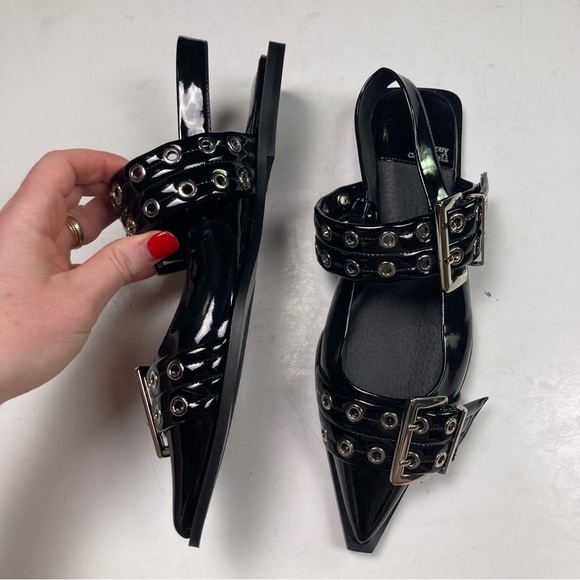 NWOT JEFFREY CAMPBELL Deb Patent Black Studded Pointed Toe Buckle Sandal Flat - Picture 4 of 9